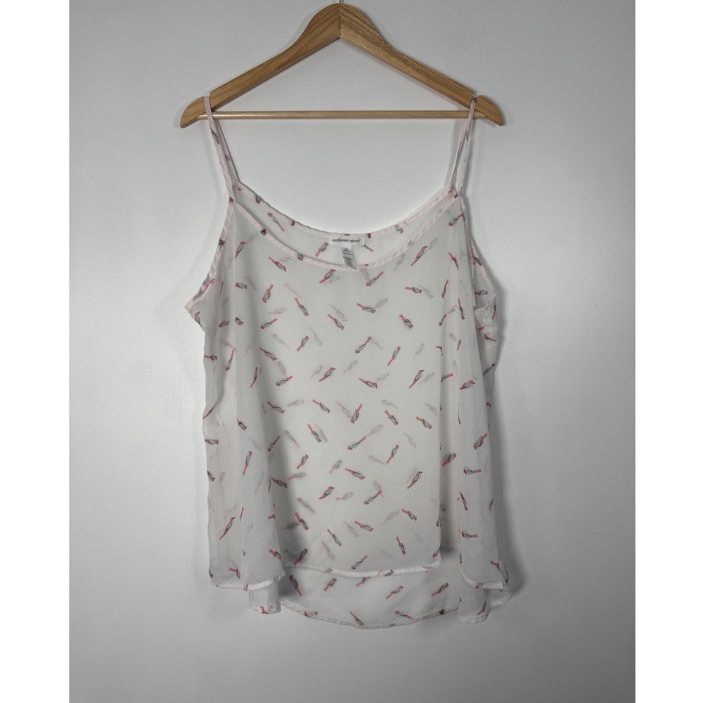 Cottagecore Ambiance Apparel 2X Cami Tank White Red Blue Bird Print Chiffon